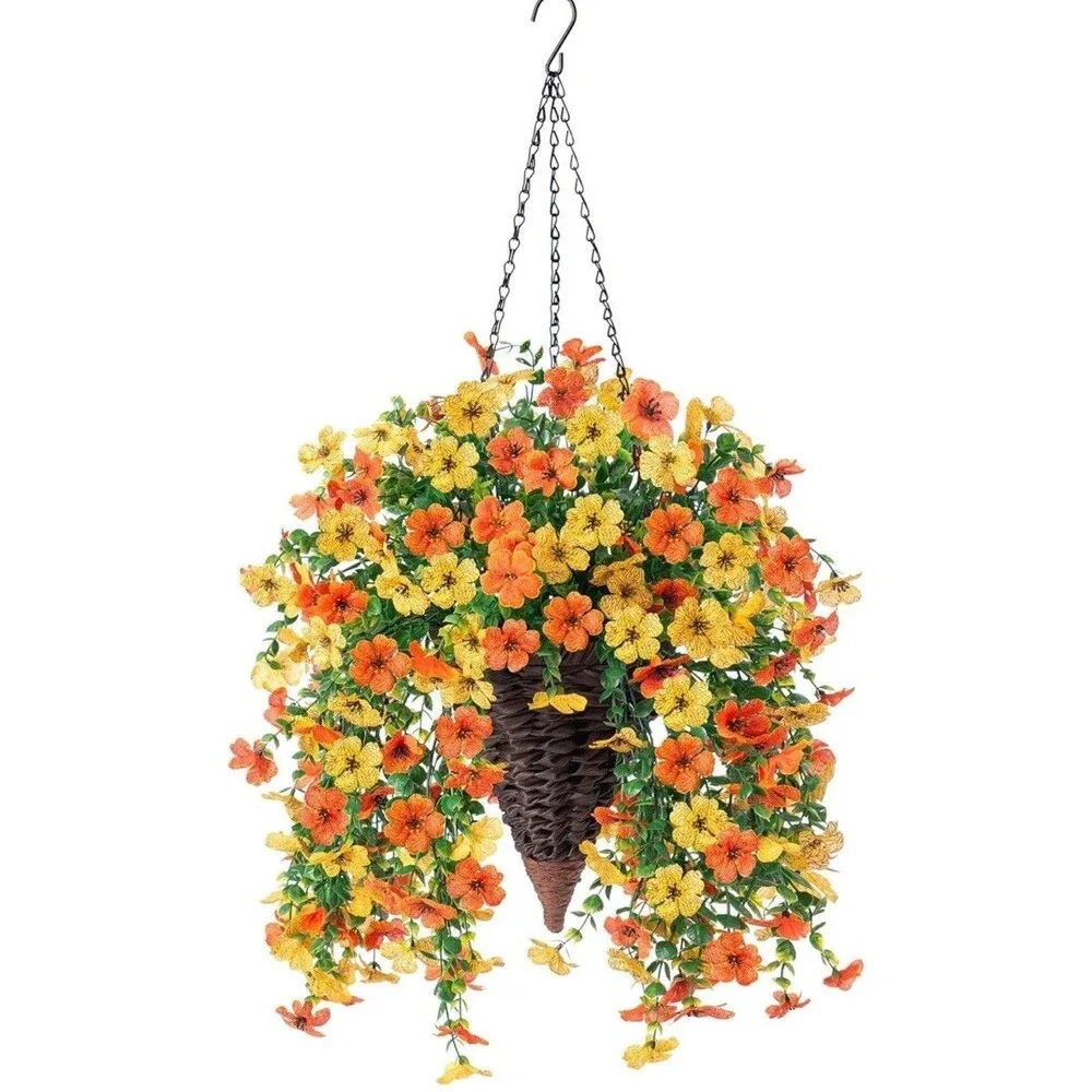 6pcs Artificial Flowers Plastic Hanging Plants Outdoor Porch Yellow & Orange